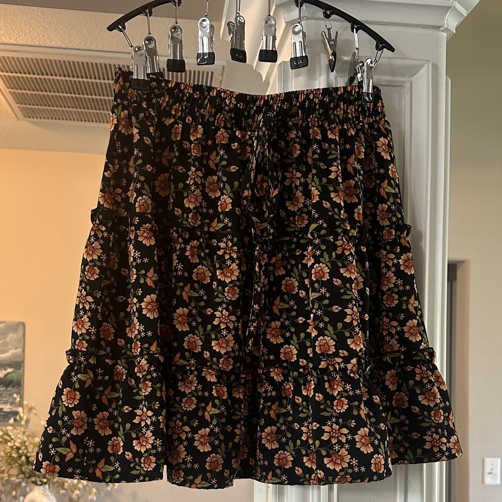 Black Floral Tiered Skirt with Peach Flowers